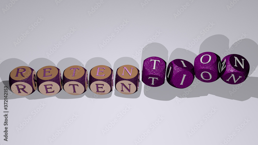 RETENTION text by dancing dice letters, 3D illustration for customer and concept RETENTION text by dancing dice letters, 3D illustration for customer and concept
