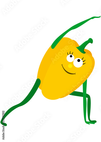 Fruit yoga bell pepper/ Cartoon bell pepper practicing yoga asana extended side angle pose