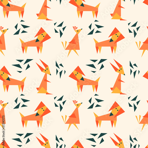 Children's seamless pattern with dog, hare and bird. Fun geometric background for fabric, Wallpaper and other surfaces.