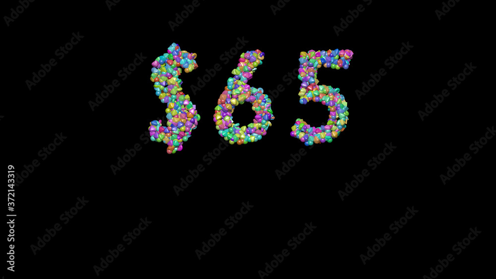 $: 3D illustration of the text made of small objects over a black background with shadows