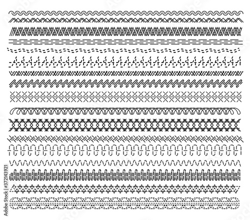 Sewing stitch. Black and white embroidery and sew seamless pattern. Machine thread overlock zigzag seam element. Sewing stitch big set illustration. Vector line border isolated on white background