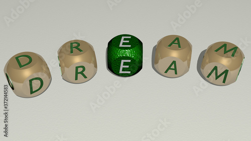dream curved text of cubic dice letters, 3D illustration for background and beautiful