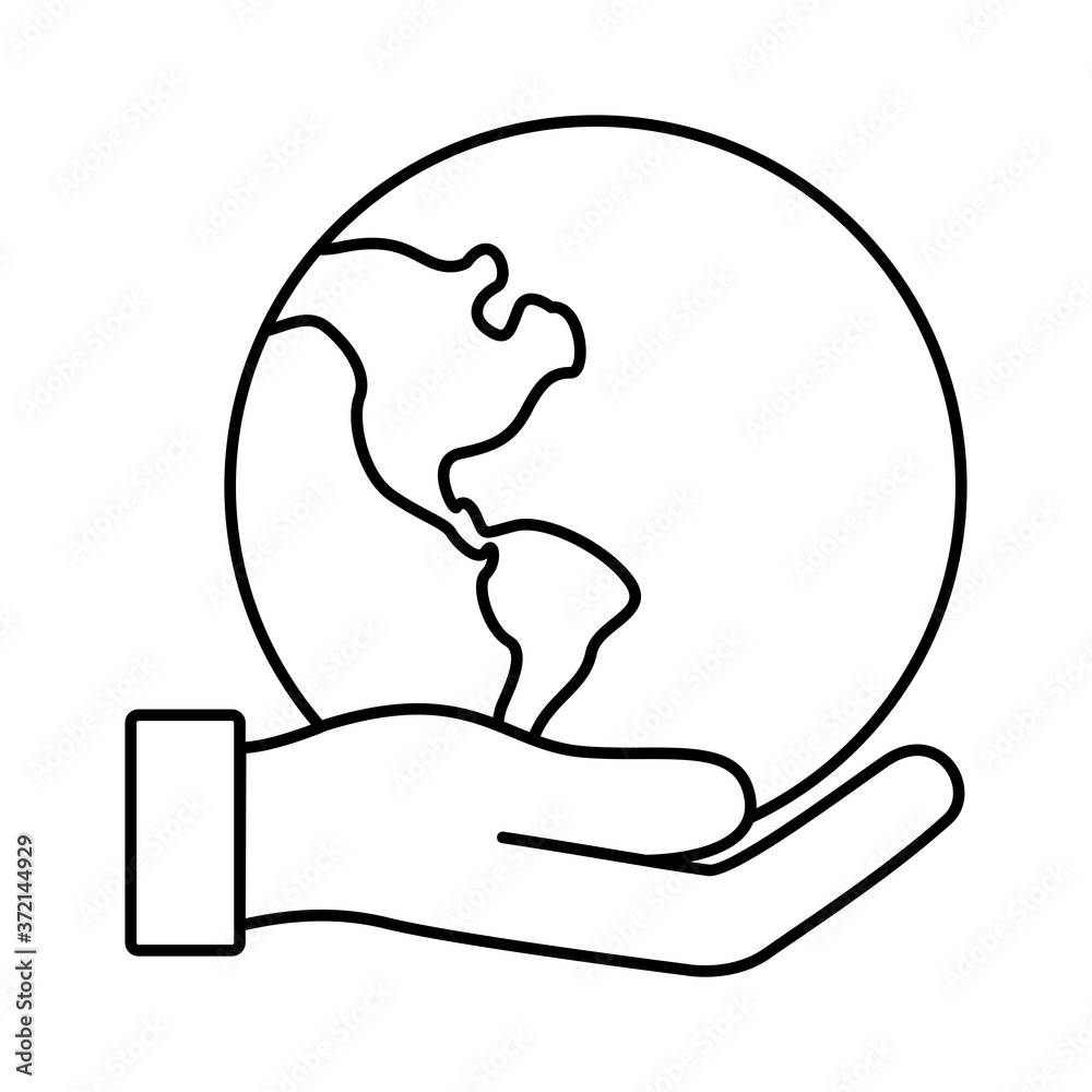 hand lifting world planet earth with america continent map line style icon hand lifting world planet earth with america continent map line style icon