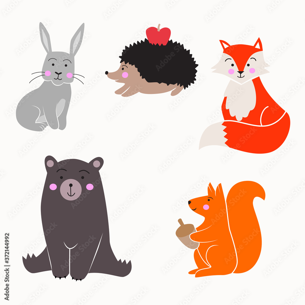 Group of cute looking forest animals. Vector art.
