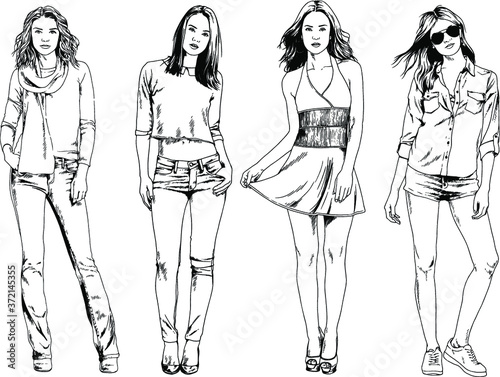 vector drawings on the theme of beautiful slim sporty girl in casual clothes in various poses painted ink hand sketch with no background