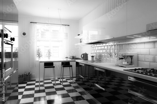 My new Kitchen - black and white 3d visualization
