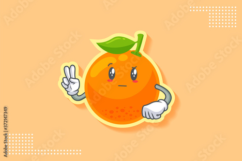 REALLY, ATTENTIVE, CURIOS Face Emotion. Peace Hand Gesture. Orange, Citrus Fruit Cartoon Drawing Mascot Illustration.