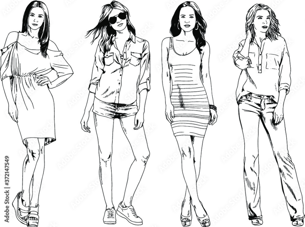 vector drawings on the theme of beautiful slim sporty girl in casual clothes in various poses painted ink hand sketch with no background