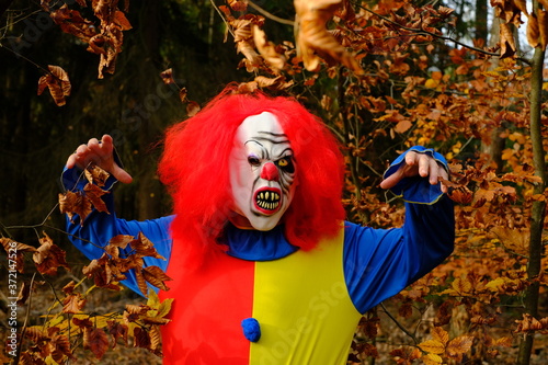 Fototapeta Naklejka Na Ścianę i Meble -  Halloween holiday.  Scary aggressive clown with red hair in the autumn forest. Creepy clown costume. Autumn holidays in October. Festival and carnival . Horror and fear.Autumn seasonal holiday