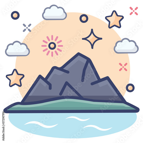 
Sub continental land that is surrounded by water, icon of island 
