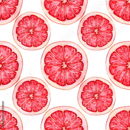 Seamless pattern watercolor hand-drawn slice of red grapefruit on white background. Art creative object for menu  card  sticker  wallpaper  wrapping  textile  celebration