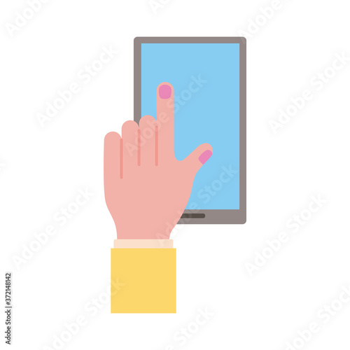 female hand touching smartphone display flat style icon
