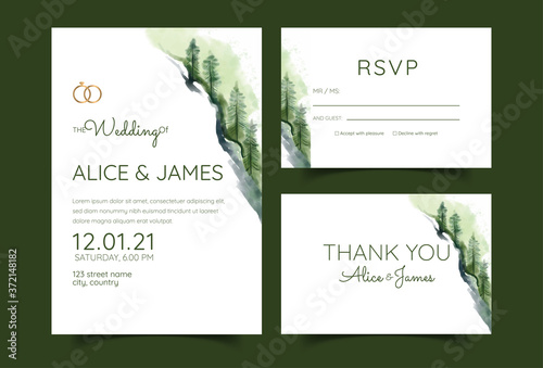 wedding invitation with mountain view watercolor background