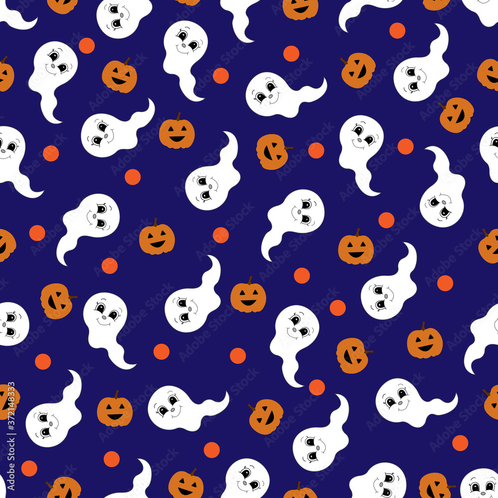 Seamless pattern with pumpkins and ghost. Halloween. Vector illustration.