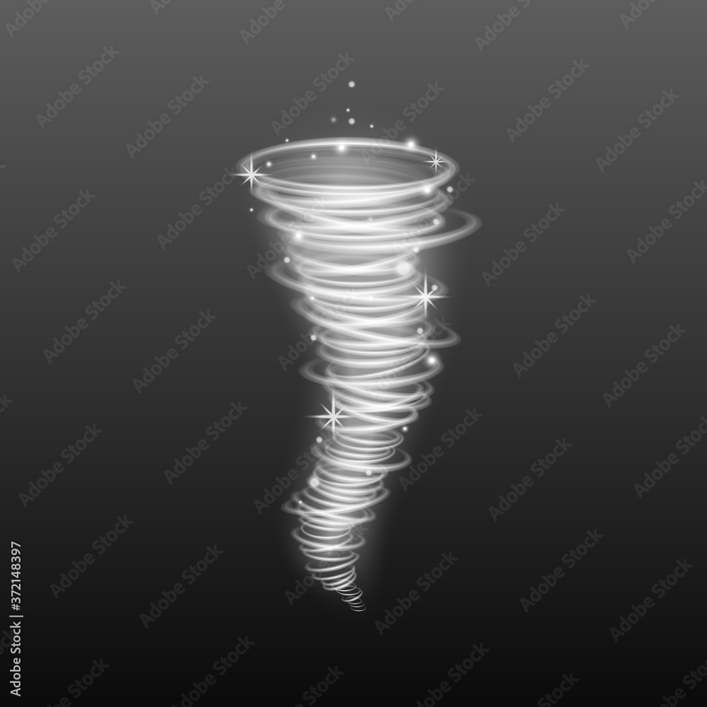 Shining illuminated whirlwind or glowing tornado realistic vector illustration.