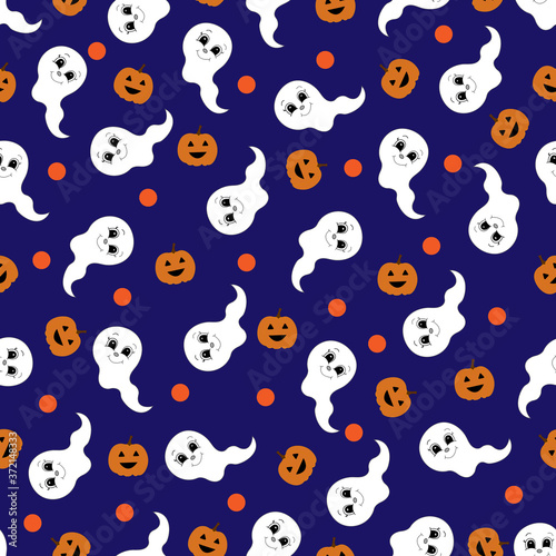 Seamless pattern with pumpkins and ghost. Halloween. Vector illustration.