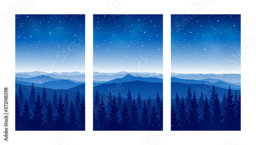 Set of vertical banners with mountain scene with coniferous forest on starry sky background