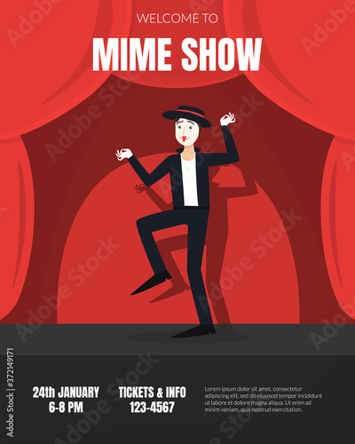 Mime Show Poster, Male Actor Performing Pantomime On Stage Vector Illustration