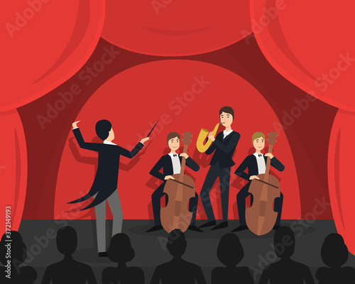 Male Actors Performing Pantomime On Stage at Mime Show Vector Illustration