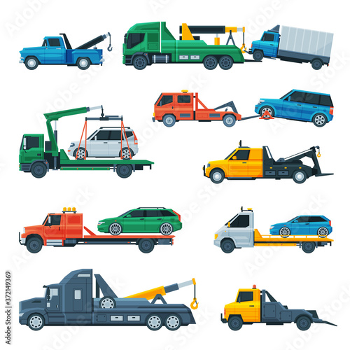 Tow Trucks Set, Evacuation Vehicles Transporting Cars, Road Assistance Service, Side View Flat Vector Illustration