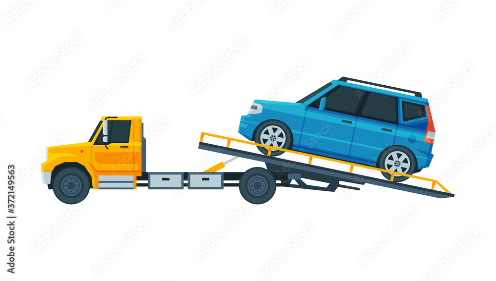 Blue Car Evacuating on Tow Truck, Roadside Assistance Service Flat Vector Illustration