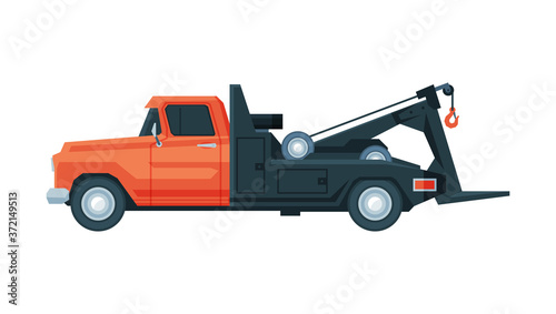 Tow Truck, Evacuation Vehicle, Road Assistance Service, Side View Flat Vector Illustration