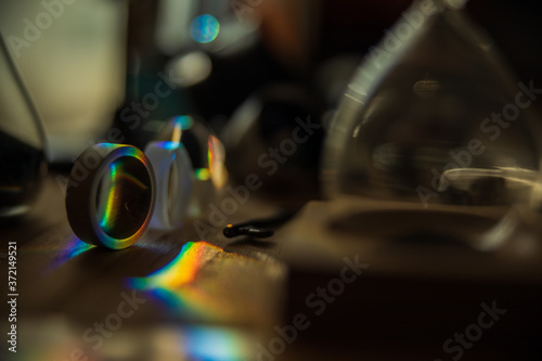 close up of glass lenses with color spectrum 