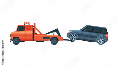 Tow Truck Transporting Car, Evacuation Vehicle, Road Assistance Service Flat Vector Illustration