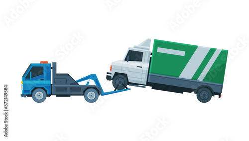 Truck Evacuating by Tow Truck  Roadside Assistance Service Flat Vector Illustration