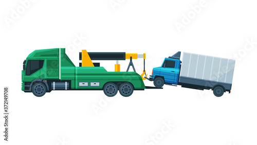 Tow Truck Transporting Lorry, Evacuation Vehicle, Road Assistance Service Flat Vector Illustration