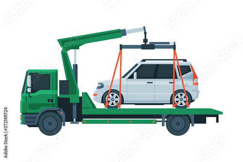 Tow Truck Evacuating White Car, Road Assistance and Evacuation Service Flat Vector Illustration