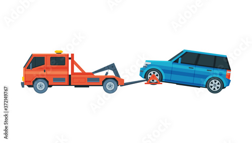 Tow Truck Evacuating SUV Car, Road Assistance and Evacuation Service Flat Vector Illustration