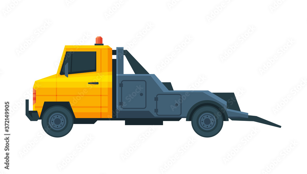 Yellow Tow Truck, Evacuation Vehicle, Road Assistance Service Flat Vector Illustration