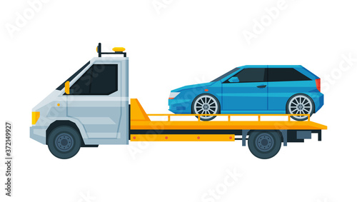 Blue Car Transporting on Tow Truck, Roadside Assistance Service Flat Vector Illustration