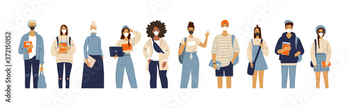 People of different ages and nationalities with medical masks on their faces. Protection against infections and viruses. Flat vector illustration. Protective measures during the coronavirus epidemic.