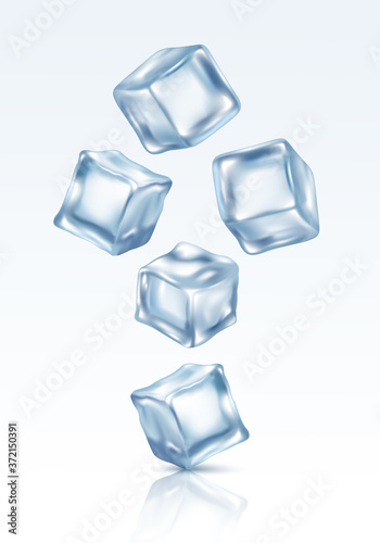 Scattering of crystal ice cubes realistic vector mockup illustration on white.