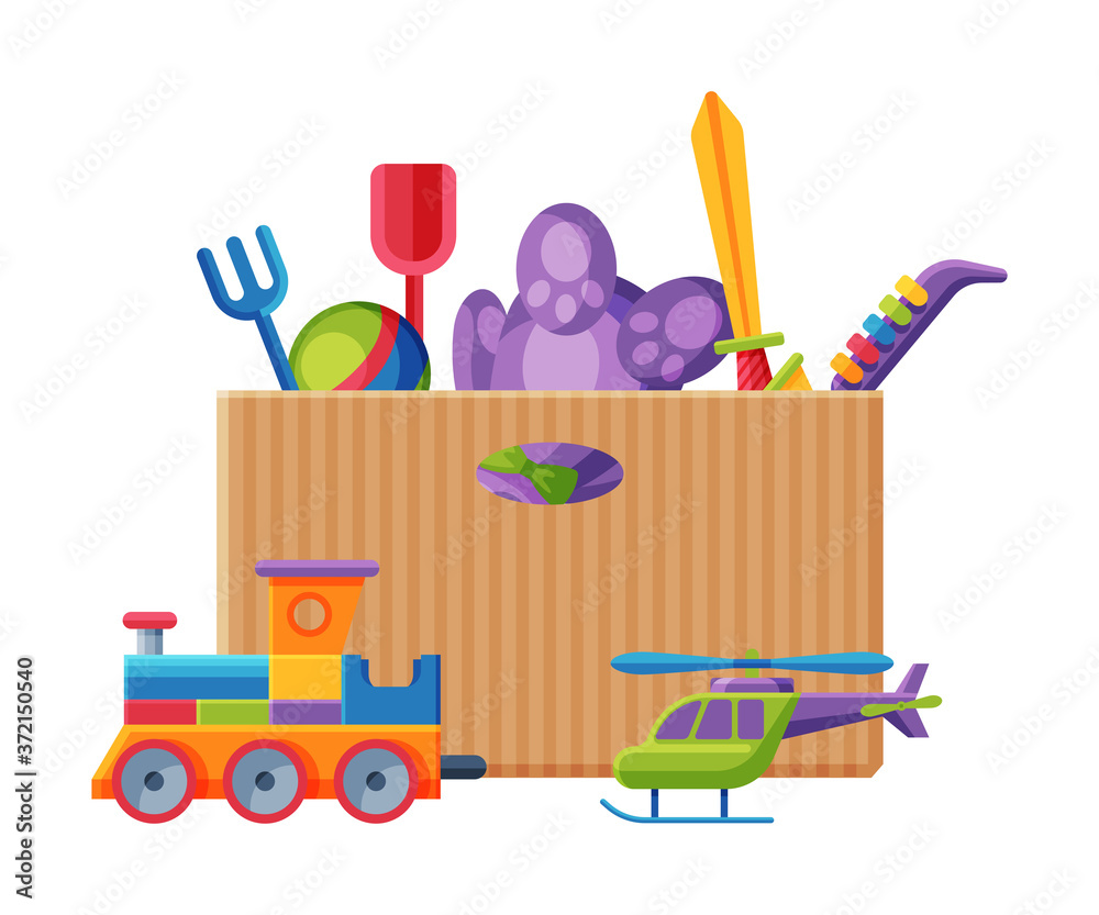 Box with Various Colorful Toys, Plastic Container with Train, Helicopter, Teddy Bear, Saxophone, Sword Flat Vector Illustration Box with Various Colorful Toys, Plastic Container with Train, Helicopter, Teddy Bear, Saxophone, Sword Flat Vector Illustration