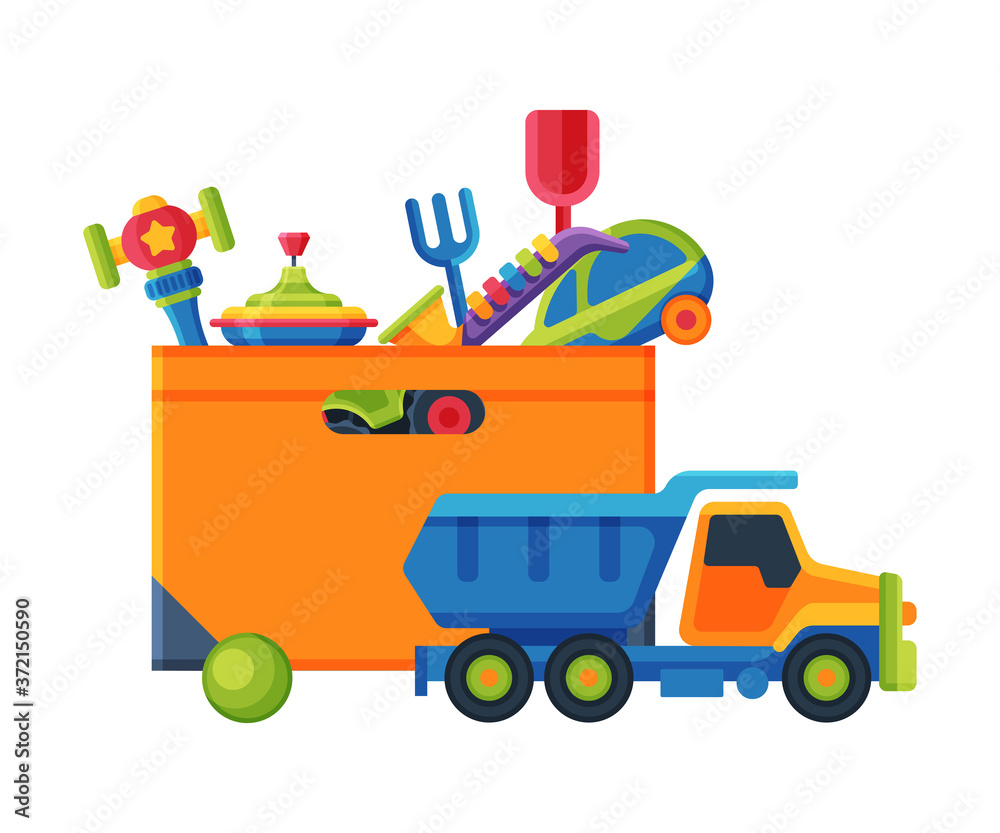 Naklejka premium Box with Various Colorful Toys, Plastic Container with Truck, Car, Shovel, Ball, Whirligig Flat Vector Illustration
