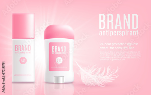 Advertising antiperspirant banner in pink realistic vector illustration isolated.