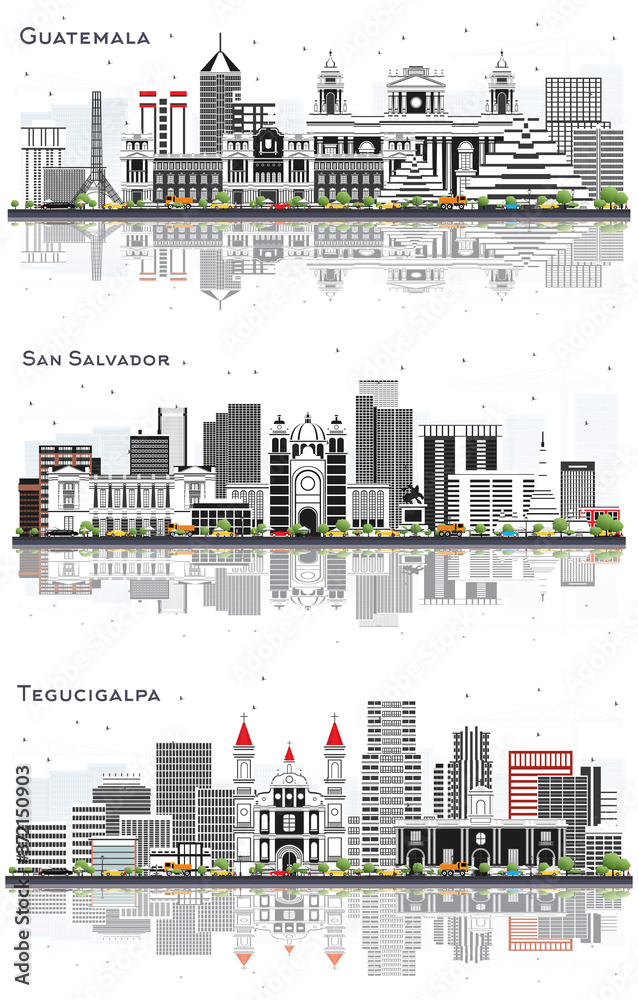 Obraz premium San Salvador , Guatemala and Tegucigalpa City Skyline Set with Gray Buildings and Reflections Isolated on White.