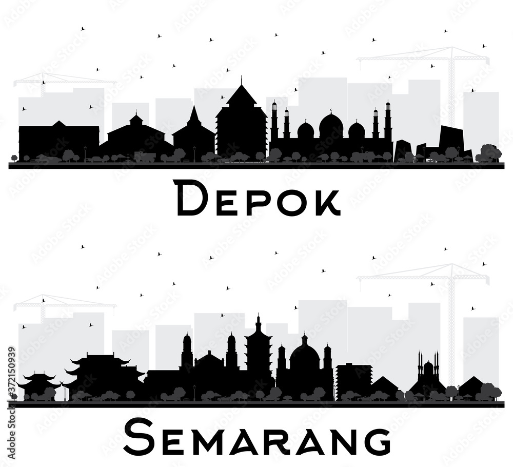 Depok and Semarang Indonesia City Skyline Silhouette with Black Buildings Isolated on White.