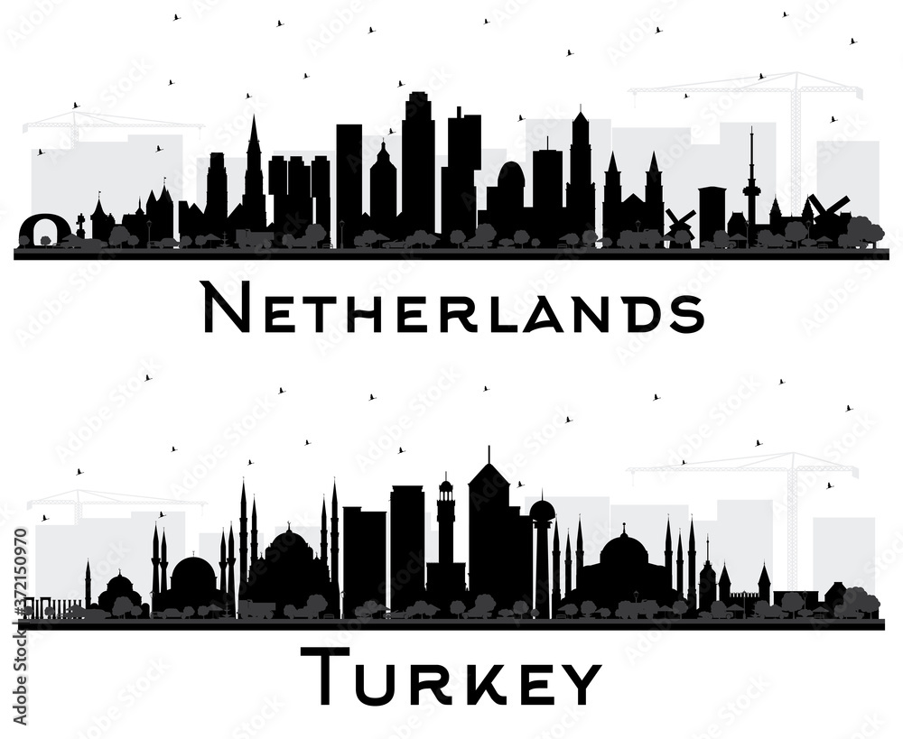 Netherlands and Turkey City Skyline Silhouette with Black Buildings Isolated on White.
