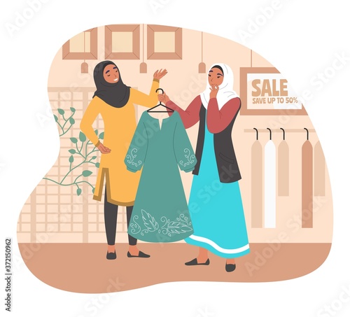Happy muslim girl shopping in women clothing store, flat vector illustration. Young arab woman wearing traditional clothing and hijab choosing modern dress with shop assistant in fashion boutique.