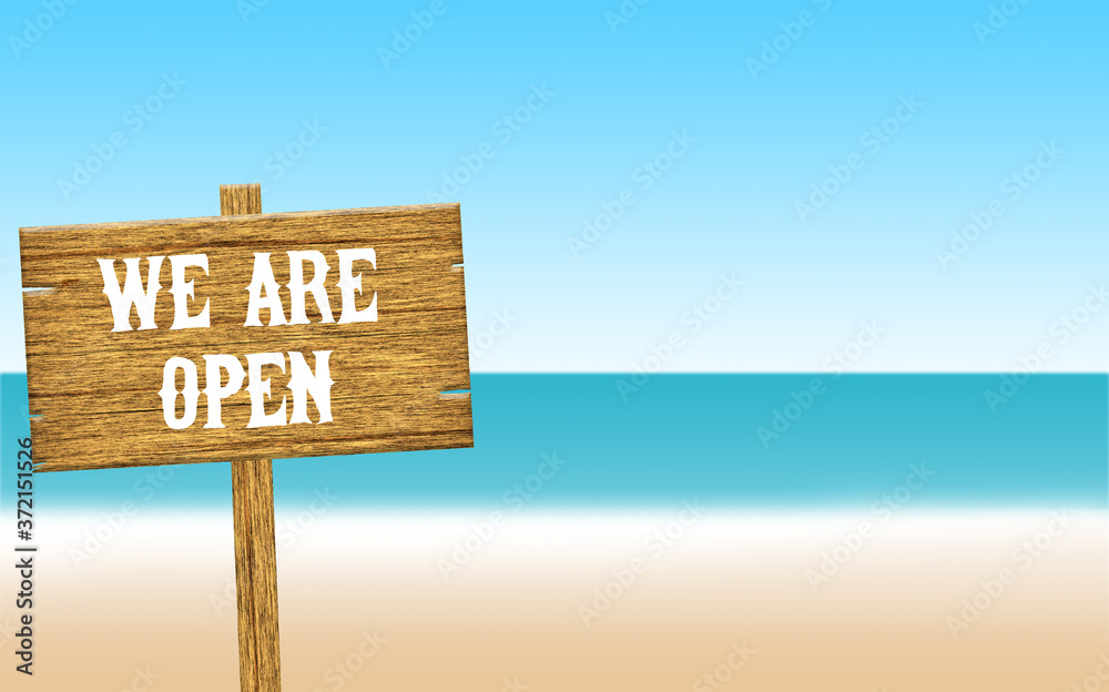 We are Open Wooden Texture Sign Board. Beach opening or restaurant ...