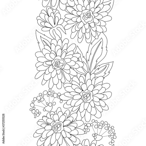 vector vertical endless seamless pattern  flower daisy leaf dahlia bouquet card printable coloring page outline illustration