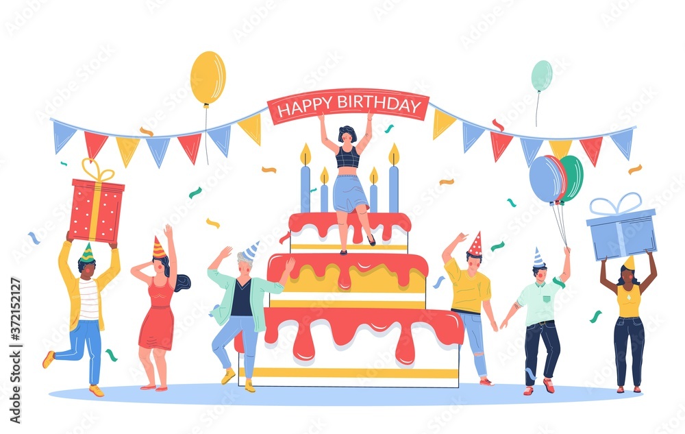 Group of business people celebrating happy birthday, vector flat