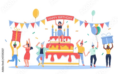 Group of business people celebrating happy birthday, vector flat illustration. Birthday party with friends, colleagues and big cake with candles, gifts.