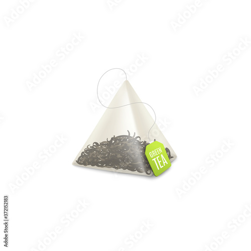 Tea pyramid pack or bag with green label realistic vector illustration isolated.