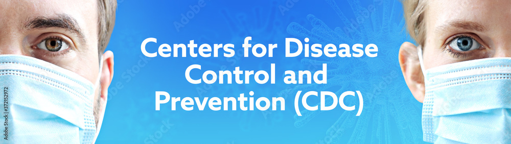 Centers for Disease Control and Prevention (CDC). Faces of man and woman with face mask. Couple wearing breathing mask. Blue background with text. Covid-19, coronavirus