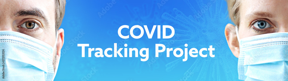 COVID Tracking Project. Faces of man and woman with face mask. Couple wearing breathing mask. Blue background with text. Covid-19, coronavirus COVID Tracking Project. Faces of man and woman with face mask. Couple wearing breathing mask. Blue background with text. Covid-19, coronavirus